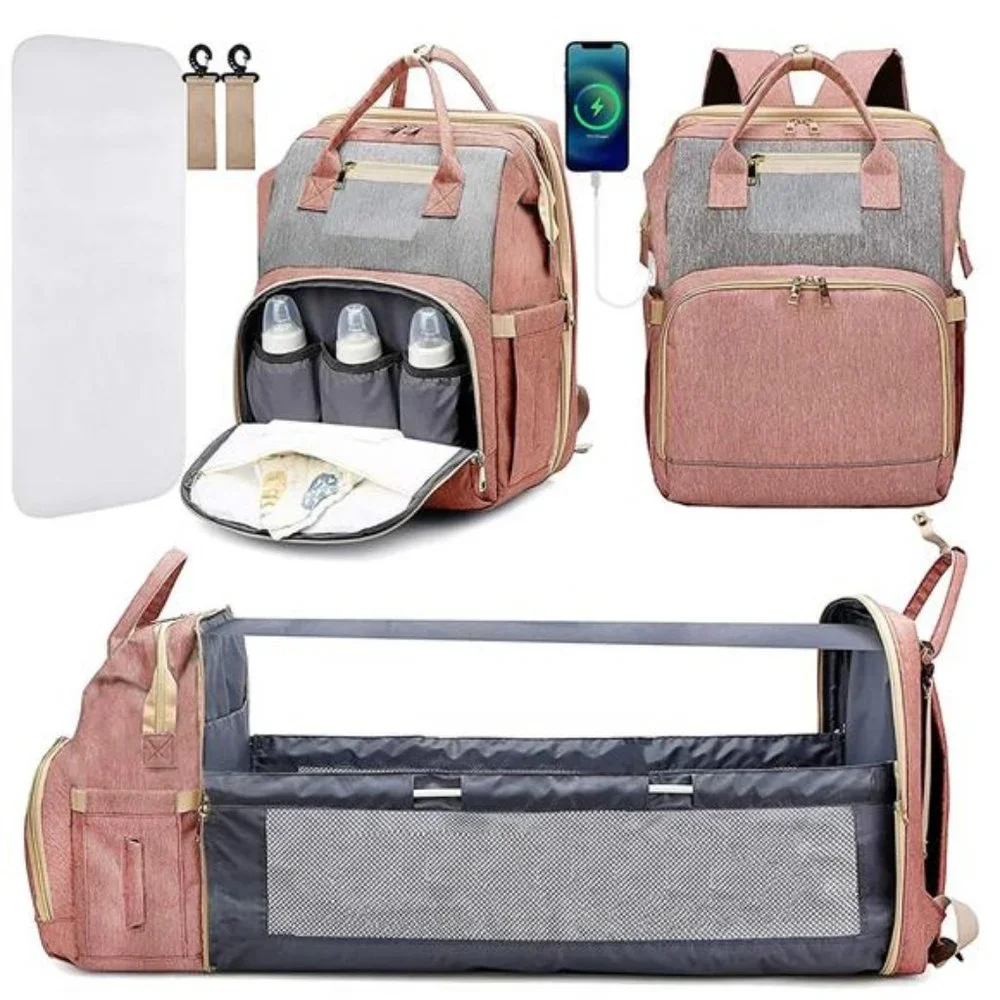 Diaper Bag Backpack, Large with USB Charging Port, Multifunction, Pink Gray
